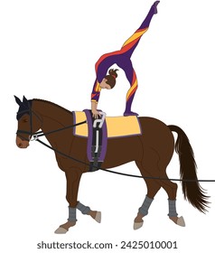 equestrian vaulting, female vaulter on horseback in artistic pose isolated on a white background