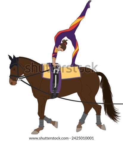 equestrian vaulting, female vaulter on horseback in artistic pose isolated on a white background