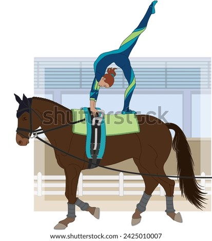 equestrian vaulting, female vaulter on horseback in artistic pose with arena in the background