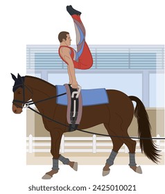 equestrian vaulting, male vaulter on horseback in artistic pose with arena in the background