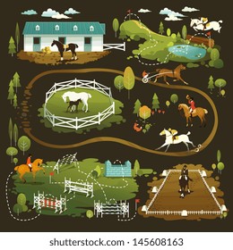 Equestrian vector illustrations of horse life, farming, racing, dressage, eventing and jumping show