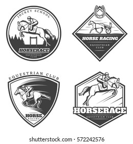 Equestrian vintage emblems collection with jockeys riding horses in monochrome style isolated vector illustration