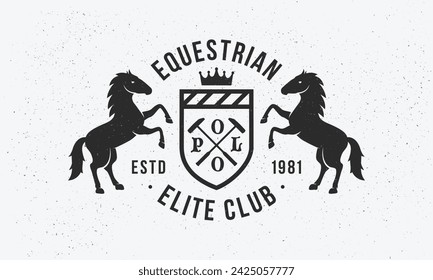 Equestrian vintage logo. Heraldic crest  template logo with horse silhouettes. Label, badge, emblem for Coat of Arms, Vintage Crest, Luxury logo. Vector illustration