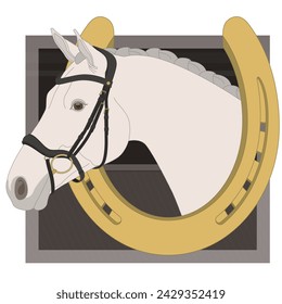 equestrian, white horse framed by a golden horseshoe with a dark background