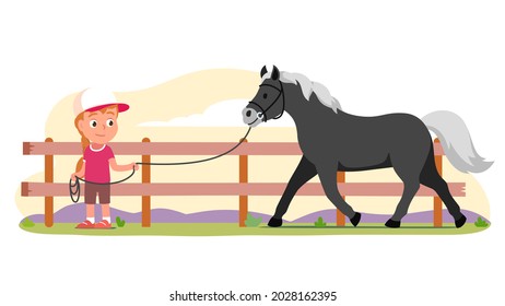 Equestrian woman person holding longe rope training horse pet in paddock. Horsewoman rider girl kid take care of domestic animal at farm ranch. Equestrianism fun, sport flat style vector illustration