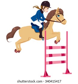 Equestrian young woman jumping obstacle with horse on show