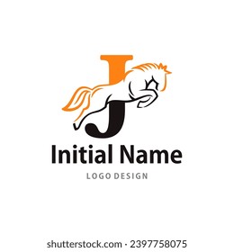 Equestrianism Horserace Logo of Initial Letter J jump horse symbol vector. isolated on white background.