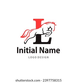 Equestrianism Horserace Logo of Initial Letter L jump horse symbol vector. isolated on white background.