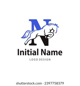 Equestrianism Horserace Logo of Initial Letter N jump horse symbol vector. isolated on white background.