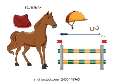 Ilustración ecuestre con un caballo, abordando obstáculos, casco, látigo, silla de montar, zapatos de caballo. Deporte, concepto de hobby