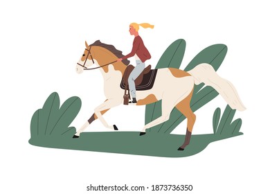 Equestrienne riding horse outdoors. Jockey ride stallion outside. Scene of horseback in nature and active recreation with animal. Flat vector cartoon illustration isolated on white