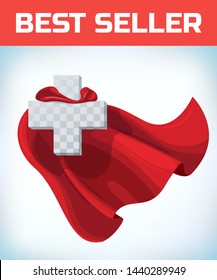 Equilateral cross in hero cape. Doctor super cloak. Pharmacy sign. Medicine concept. 