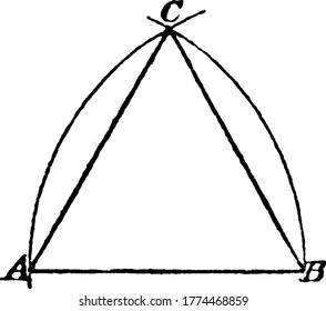 Un triángulo equilátero son todos 60 grados, mostrar la construcción utilizando brújula, dibujo de línea vintage o ilustración de grabado.