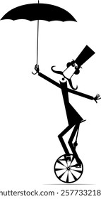 Equilibrist cartoon man in the top hat balances on the unicycle with umbrella. Circus. Cartoon man in the top hat holds an umbrella and balances on unicycle. Black and white illustration