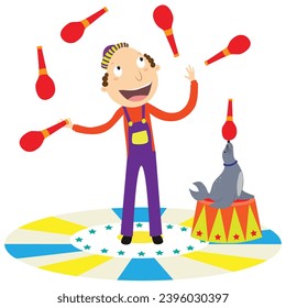 Gleichgewichtsmann und Siegel mit Pins im Zirkus. Juggler, Vektorgrafik.