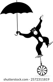 Equilibrist monkey balances on the unicycle with umbrella. Circus. Cartoon monkey holds an umbrella and balances on unicycle. Black and white illustration