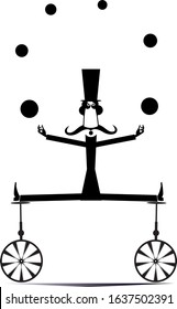 Equilibrist mustache man on two unicycles juggles the balls illustration. Funny long mustache man in the top hat balances on two unicycles and juggles the balls black on white illustration