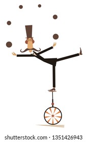 Equilibrist mustache man on the unicycle juggles the balls illustration. Funny long mustache man in the top hat balances on the unicycle and juggles the balls isolated on white illustration
