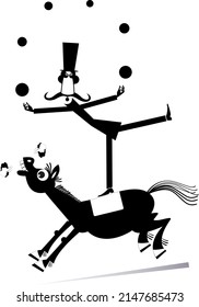Equilibrist mustache man rides horse and juggles the balls. 
Funny long mustache man in the top hat balances on the horse and juggles the balls black on white background
