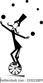 Equilibrist mustache man rides on the unicycle and juggles the balls illustration. Funny long mustache man in the top hat balances on the unicycle and juggles the balls black on white