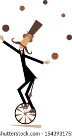 Equilibrist mustache man rides on the unicycle and juggles the balls illustration. Funny long mustache man in the top hat balances on the unicycle and juggles the balls isolated on white