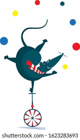 Equilibrist rat or mouse rides on the unicycle and juggles the balls illustration. Funny rat or mouse balances on one leg on the unicycle head over heels and juggles the balls isolated on white 
