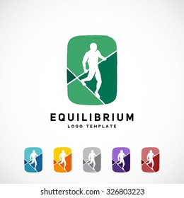 Equilibrist or a Tightrope Walker Abstract Vector Sign, Logo Template, Label. Created Using Negative Space. Six Color Variations. Isolated.