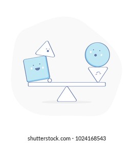 Equilibrium, balance, counterpoise,  creative symbol of fragile Balance of stones. To weight pros and cons, calmness or stability sign. Funny smiley characters ride on the swing. Flat outline vector.