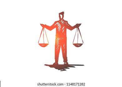 Equilibrium, balance, equality, scale, justice concept. Hand drawn person with scales in hands concept sketch. Isolated vector illustration.