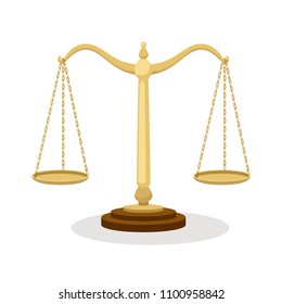 Equilibrium scales. Standing balance judicial scales isolated on white background, court concept cartoon vector illustration