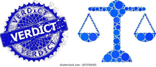 Equilibrium weight vector composition of round dots in variable sizes and blue color hues, and rubber Verdict stamp. Blue round sharp rosette stamp has Verdict caption inside.