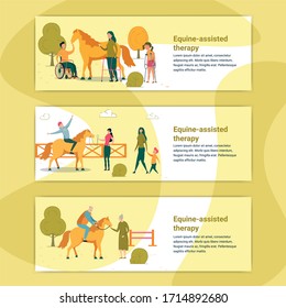 Equine Assisted Therapy Banner. People with Disability Petting Horse. Woman on Wheelchair, Having Leg Problem. Mother with Child Going to Animal. Old People Riding Horse Cartoon Vector Illustration.