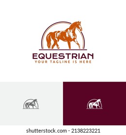 Plantilla de logotipo retro vintage del estilo de grabado de caballos ecuestres