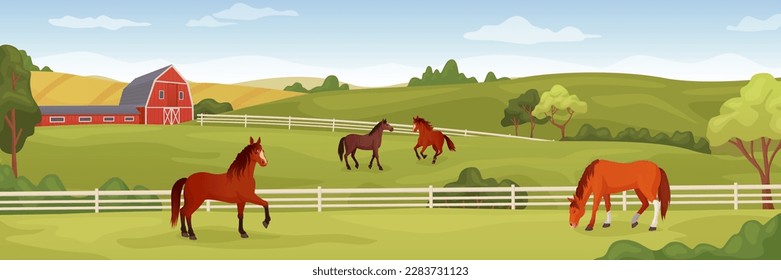 Equine farm landscape. Equestrian ranch stable yard running horses, horse eating grass on summer field, purebred stallion pasture panoramic background ingenious vector illustration of equestrian farm