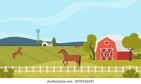 Equine farm landscape. Equestrian ranch stable yard running horses, horse eating grass on summer field, purebred stallion pasture panoramic background. Vector