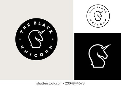 Equine Horse Stallion with Single Horn on Head, Black Unicorn Knight Chess Peace Silhouette Label logo design