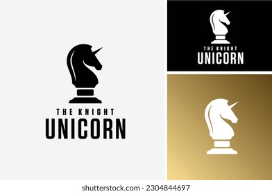 Estallido equino de caballo con un solo cuerno en la cabeza, diseño del logo de Silhouette de Ajedrez Knight de Unicornio negro