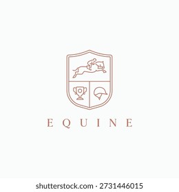 Diseño de logotipo de insignia de cresta de estilo lineal equino. Ilustración de logotipo de símbolo de jinete de caballo de insignia de emblema mínimo