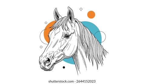 Equine Portrait in Ink with Modern Geometric Artistic Design Elements Accent