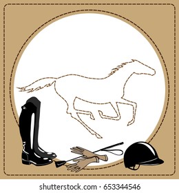 Equine riding tack tools in the leather frame and galloping horse. Horse sport riding gear. Boots, whip, helmet, gloves. Cartoon hand drawing vector background.  