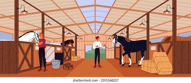 Equitación estable para caballos, sementales. En el interior del granero de madera, en el puesto. A los jinetes les importan los animales de raza pura en el interior del arrozal rural. Vista panorámica de la finca de rancho. Ilustración vectorial plana