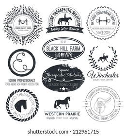 Equine Vintage Vector Logo. Perfect Horse Related Business Symbols With Antique Texture. Premium Quality Ranch Or Equestrian Business Logotype.
