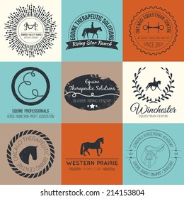 Equine vintage vector logo. Perfect horse related business symbols with antique texture. Premium quality ranch or equestrian business logotype.