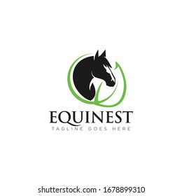 equinest logo, with head horse and abstract leaf as nest vector