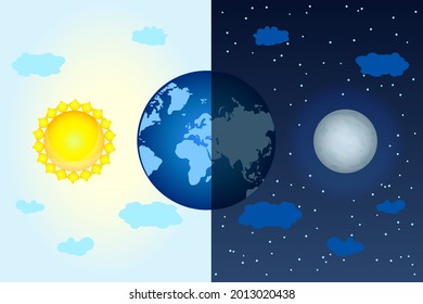 Equinox concept with dark and shine planet, sun and moon. Vernal or autumnal equinox day. Day and night design. Earth seasons. Annual seasonal. International Astrology Day. Stock vector illustration