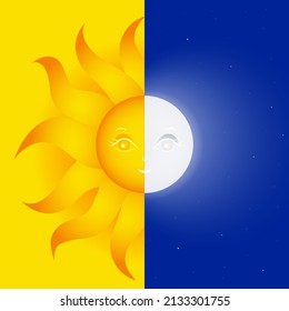 Equinox Earth Day, March 20. Half sun and half moon with stars. Weather forecast background. Day and night. Vector Illustration. 