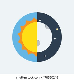 Equinox half day half night. Day and Night background with landscape vector illustration.