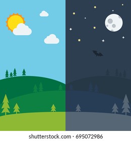 Equinox half day half night. Day and Night background with landscape vector illustration.