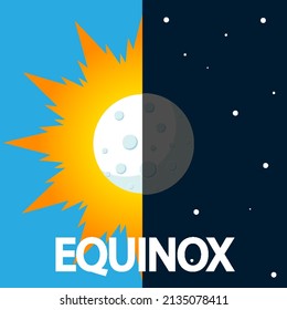 Equinox of spring moon and sun day and night, vector art illustration.