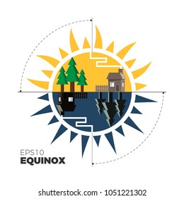 Equinox vector illustration â?? when day and night last equal time. Spring day landscape double-sided: sun and moon variants. Flat design â?? for motion graphics and infographics. 